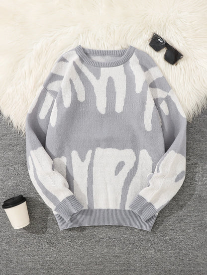 Autumn Winter Irregular Jacquard Pattern Pullover Sweater Casual Round Neck Contrast Color Knitted Pullover