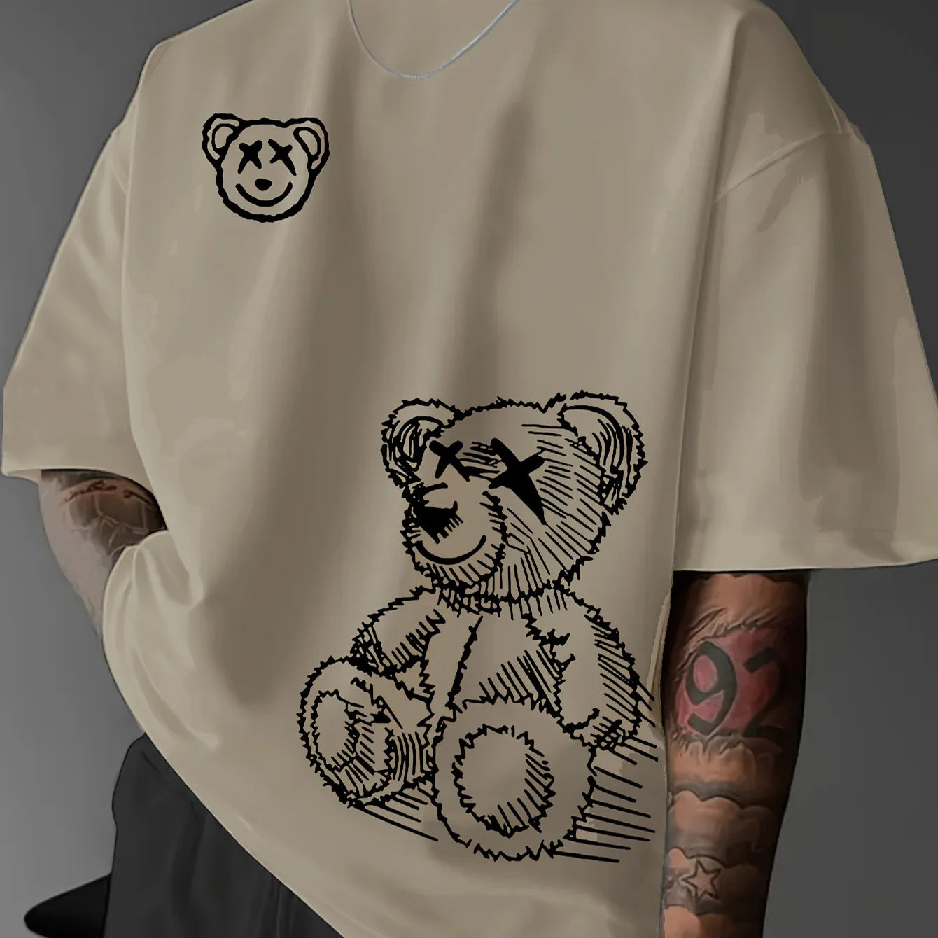 men's 100% pure cotton casual sports loose and fashionable cartoon bear pattern short sleeved T-shirt