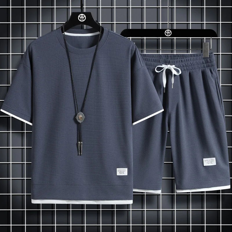 Summer Men's Waffle Sets Casual T-Shirt And Shorts Set Male Sports Suit Solid Color Tracksuit Loose Suits