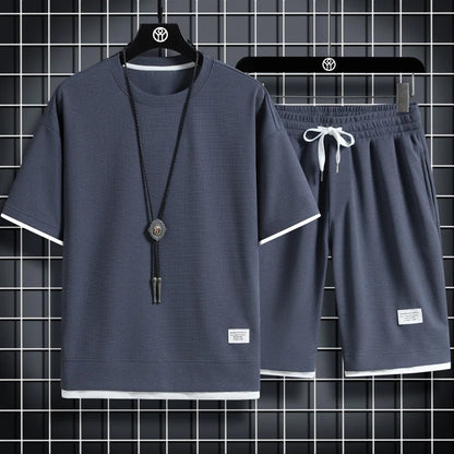 Summer Men's Waffle Sets Casual T-Shirt And Shorts Set Male Sports Suit Solid Color Tracksuit Loose Suits