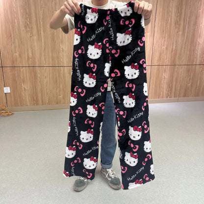 Sanrio Hello Kitty Pajamas Halloween Flannel Fashion Trouserswomen Kawaii Woolen Casual Home Pants Autumn