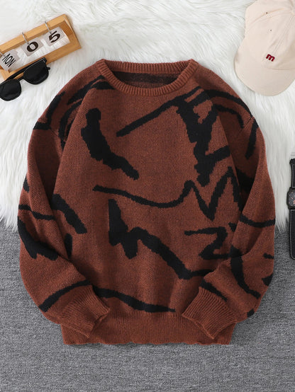 Spring Autumn Graffiti Jacquard Pattern Pullover Sweater Casual Round Neck Contrast Color Knitted Pullover