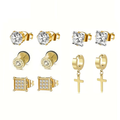 5 Pairs Stainless Steel Earrings Cross Dangle Hinged Earrings, Cubic Zirconia Stud Earrings For Men, Ear Piercing Jewelry