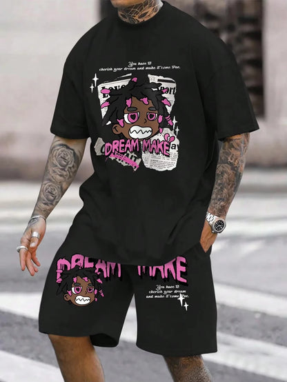 Men's round neck casual summer T-shirt, printed with cartoon characters and letter patterns, lightweight and breathable short sl