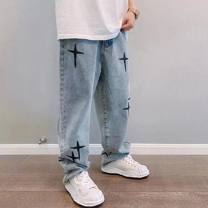 Vintage Fashion Straight Casual Loose Denim Cargo Pants Men Designer Prints Star Jeans Streetwear Loose Wide Leg Jeans