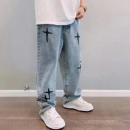 Vintage Fashion Straight Casual Loose Denim Cargo Pants Men Designer Prints Star Jeans Streetwear Loose Wide Leg Jeans
