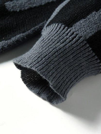 Autumn Winter Irregular Jacquard Pattern Pullover Sweater Casual Round Neck Contrast Color Knitted Pullover