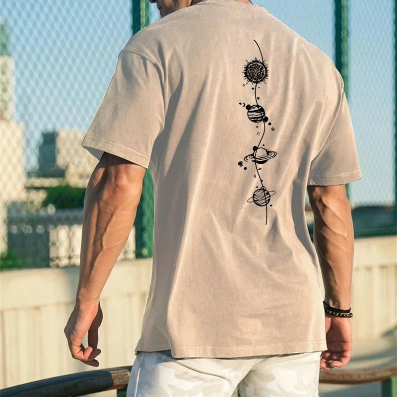 Men's 100% pure cotton summer loose size Planet Graphic Design print casual comfortable round neck short sleeved T-shirt top