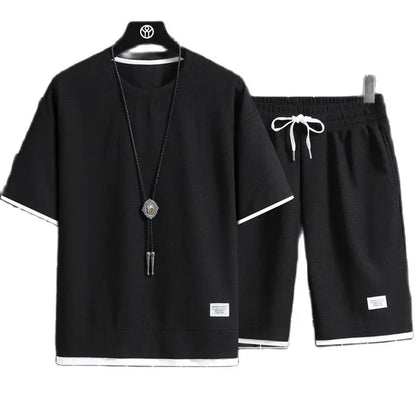 Summer Men's Waffle Sets Casual T-Shirt And Shorts Set Male Sports Suit Solid Color Tracksuit Loose Suits