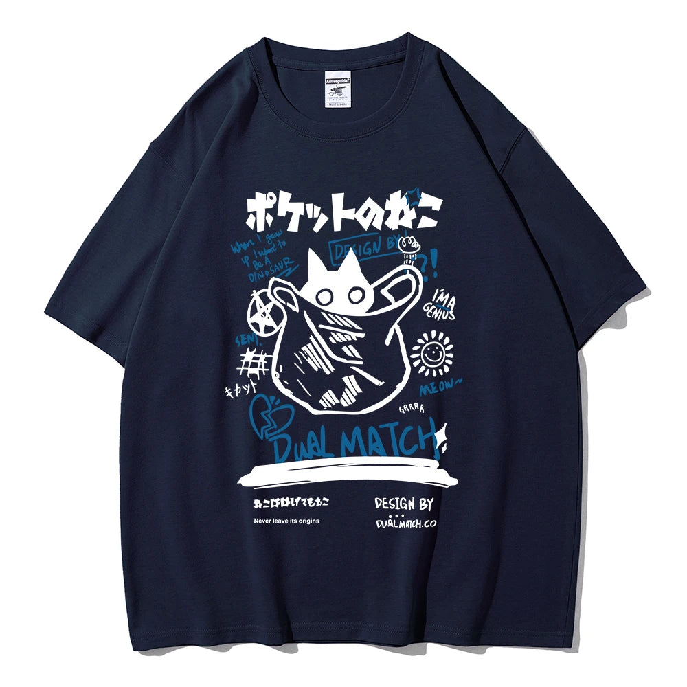 Men Women Cartoon T-Shirts Summer Harajuku Kawaii Cat Printed Short Sleeve Tees Couple Streetwear Loose Clothes Y2K Tops