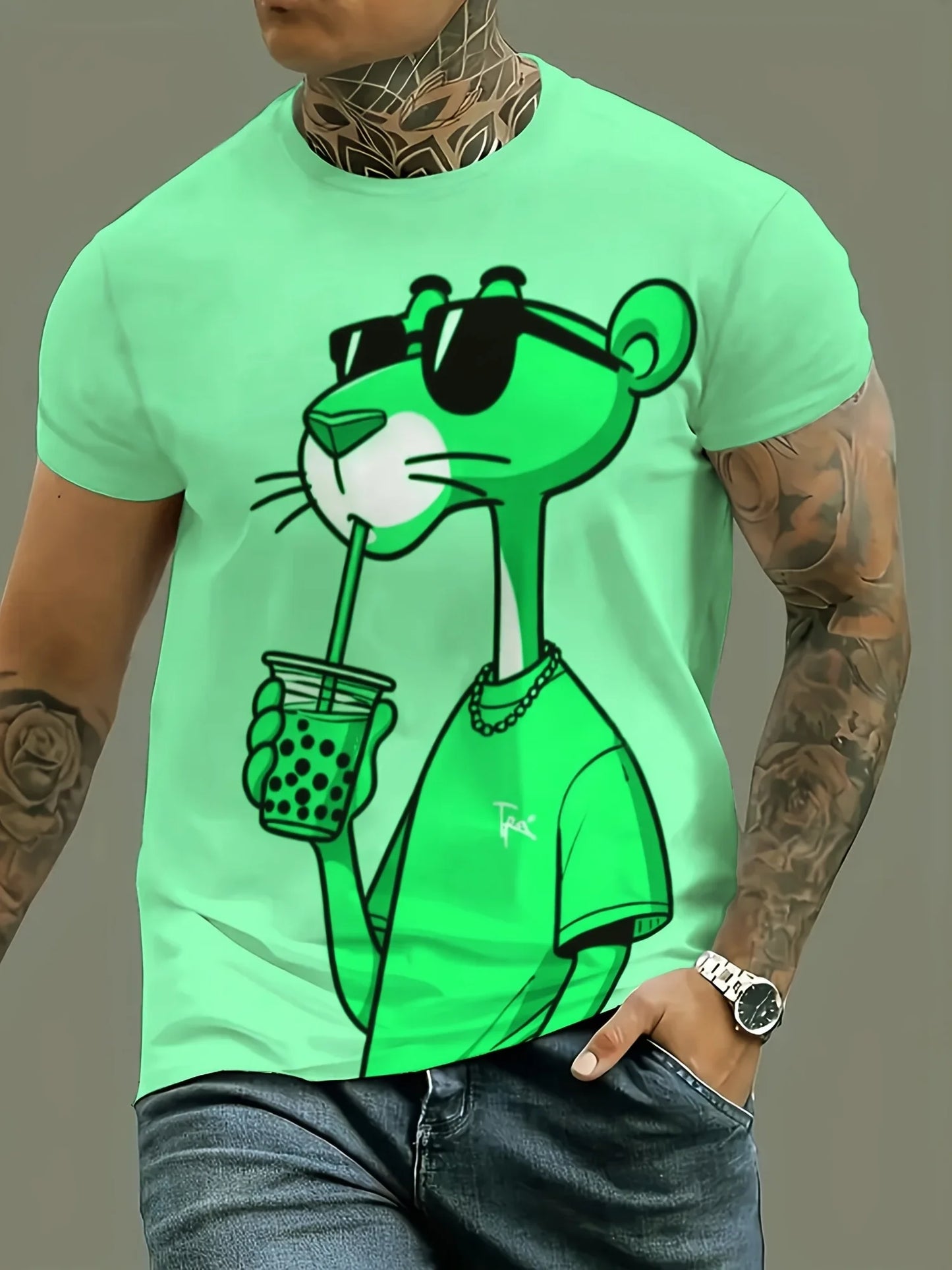 Summer New Mens T-shirts Cartoon Pink Panther Print Short Sleeve O-neck Tees Casual Loose Daily Sports Oversized Unisex Tops