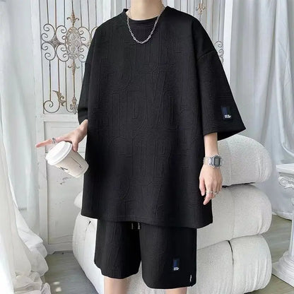 3D new Waffle TZ30 Summer Suit  Casual T-shirt + Shorts Suit Tracksuit Solid color tracksuit loose suit
