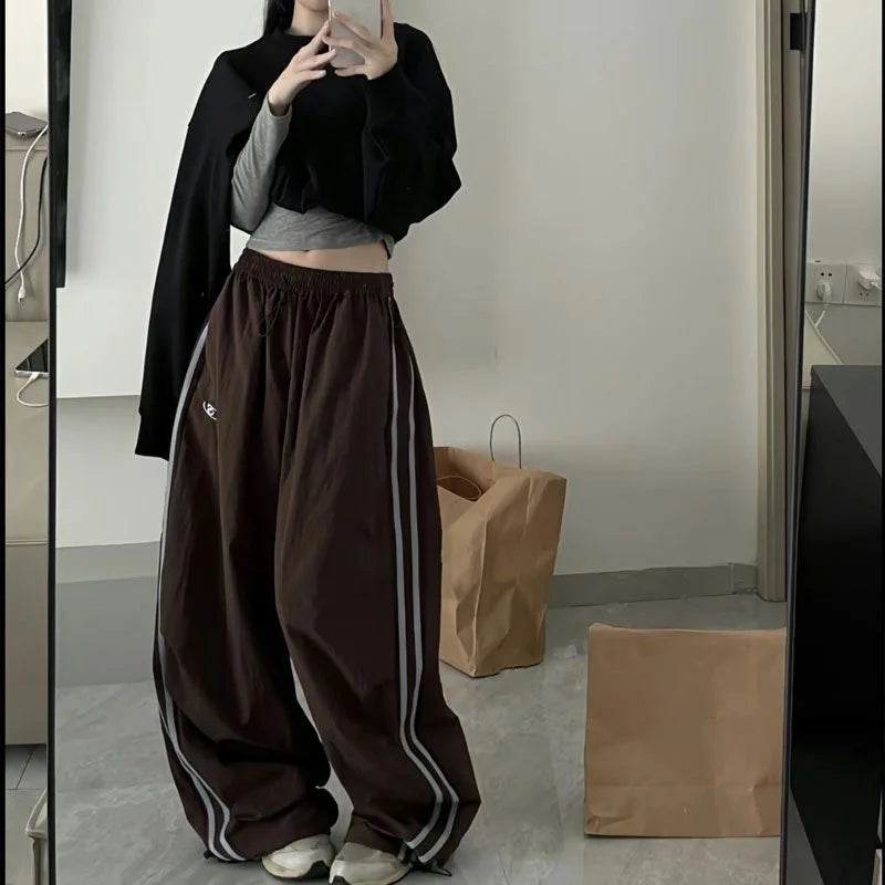 Oversized Hip Hop Baggy Pants Fashion Women Striped Pocket Elastic High Waist Cargo Pant Streetwear Sweatpant Loose New Trousers