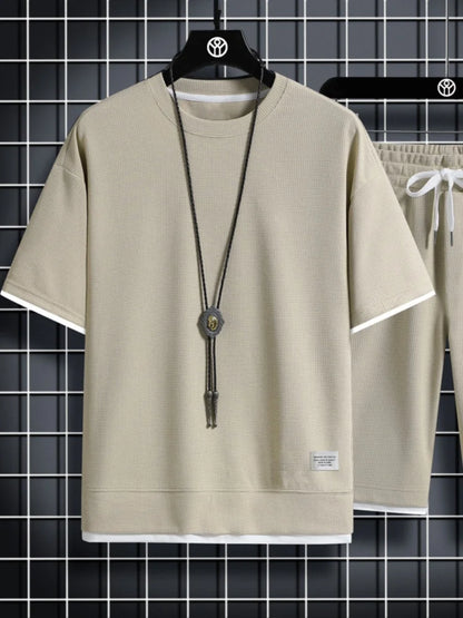 Summer Men's Waffle Sets Casual T-Shirt And Shorts Set Male Sports Suit Solid Color Tracksuit Loose Suits
