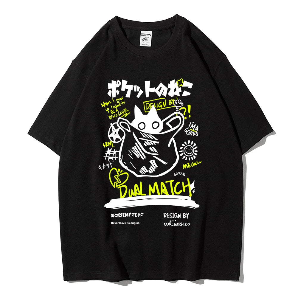 Men Women Cartoon T-Shirts Summer Harajuku Kawaii Cat Printed Short Sleeve Tees Couple Streetwear Loose Clothes Y2K Tops