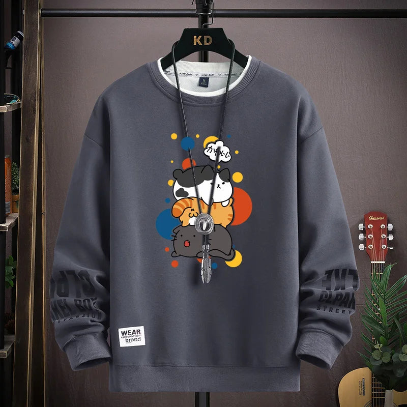 Spring Men's Sweatshirt Japan Cartoon Cats Printed Long Sleeve T-shirt Fashion Men's Clothing Khaki O Neck Harajuku Top