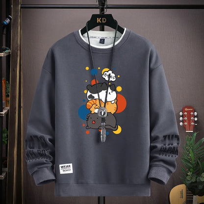 Spring Men's Sweatshirt Japan Cartoon Cats Printed Long Sleeve T-shirt Fashion Men's Clothing Khaki O Neck Harajuku Top