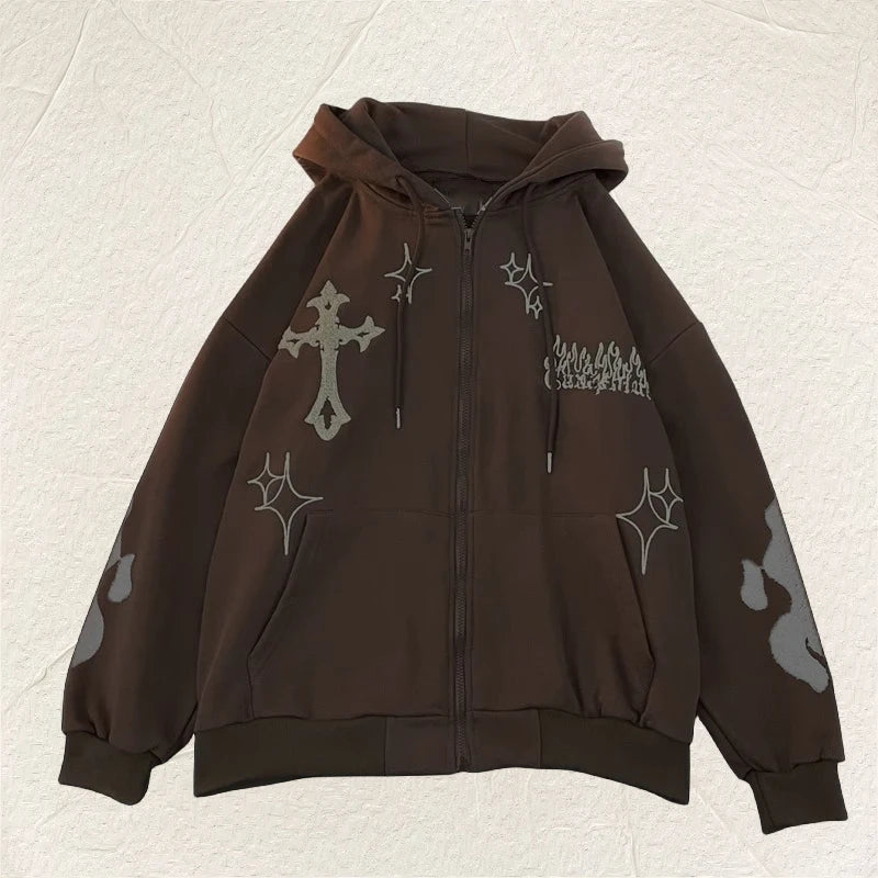European and American Autumn/Winter Hoodie Embroidered Cross Flame Coat Plush Couple Loose Top Sweater