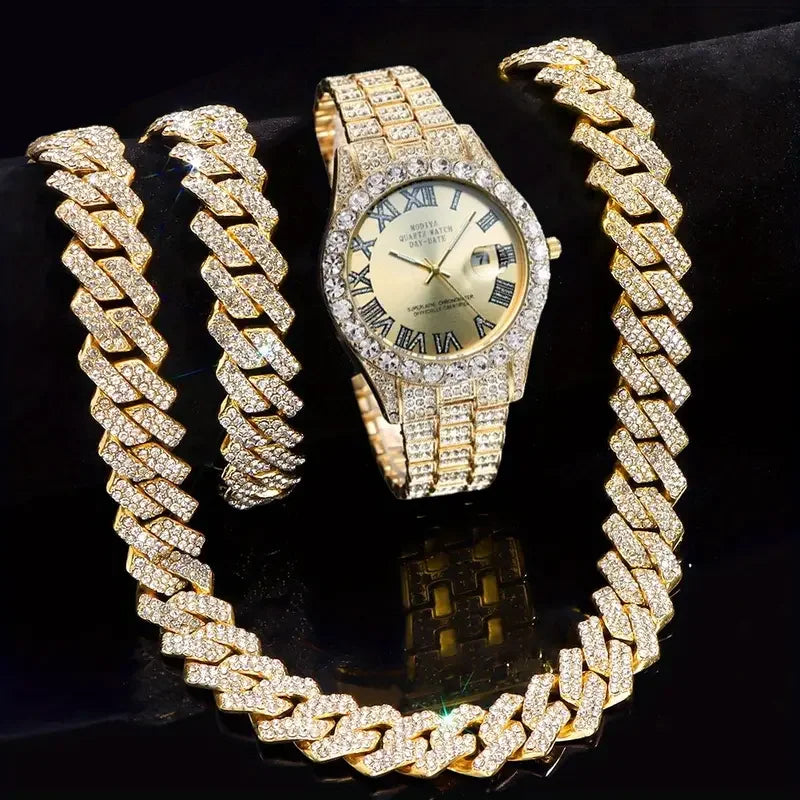 3pcs Necklace+Bracelet+Watch Cuban Chain Watch for Men Hip Hop Miami Curb Iced Out Paved Rhinestone Rapper Cuban men Jewelry set