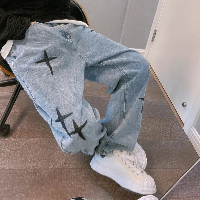 Vintage Fashion Straight Casual Loose Denim Cargo Pants Men Designer Prints Star Jeans Streetwear Loose Wide Leg Jeans