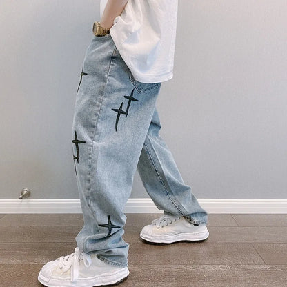Vintage Fashion Straight Casual Loose Denim Cargo Pants Men Designer Prints Star Jeans Streetwear Loose Wide Leg Jeans