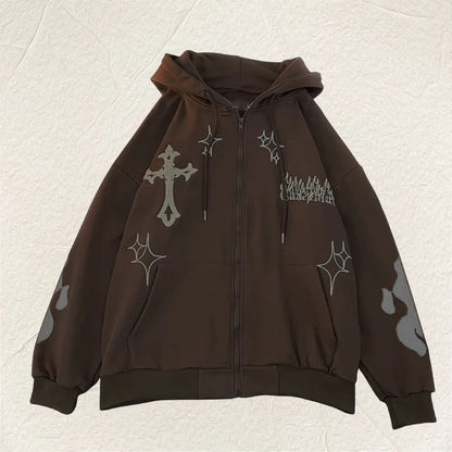 European and American Autumn/Winter Hoodie Embroidered Cross Flame Coat Plush Couple Loose Top Sweater