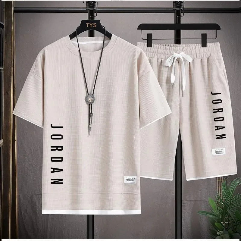 Men's Summer Waffle Set Brand Fashion Casual T-shirt+Shorts Set Men's Sports Set Loose ComfortableSlow RunningQuick Dr