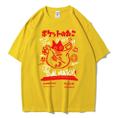 Men Women Cartoon T-Shirts Summer Harajuku Kawaii Cat Printed Short Sleeve Tees Couple Streetwear Loose Clothes Y2K Tops