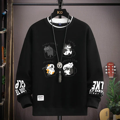Spring Men's Sweatshirt Japan Cartoon Cats Printed Long Sleeve T-shirt Fashion Men's Clothing Khaki O Neck Harajuku Top