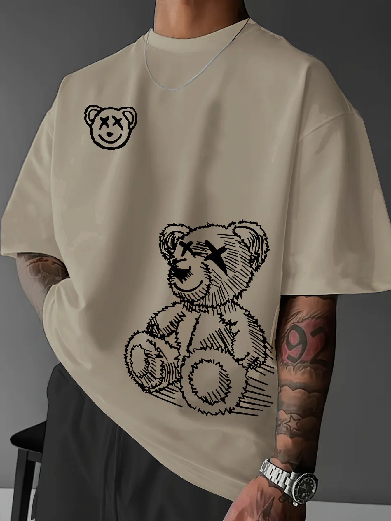 men's 100% pure cotton casual sports loose and fashionable cartoon bear pattern short sleeved T-shirt