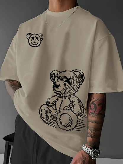 men's 100% pure cotton casual sports loose and fashionable cartoon bear pattern short sleeved T-shirt