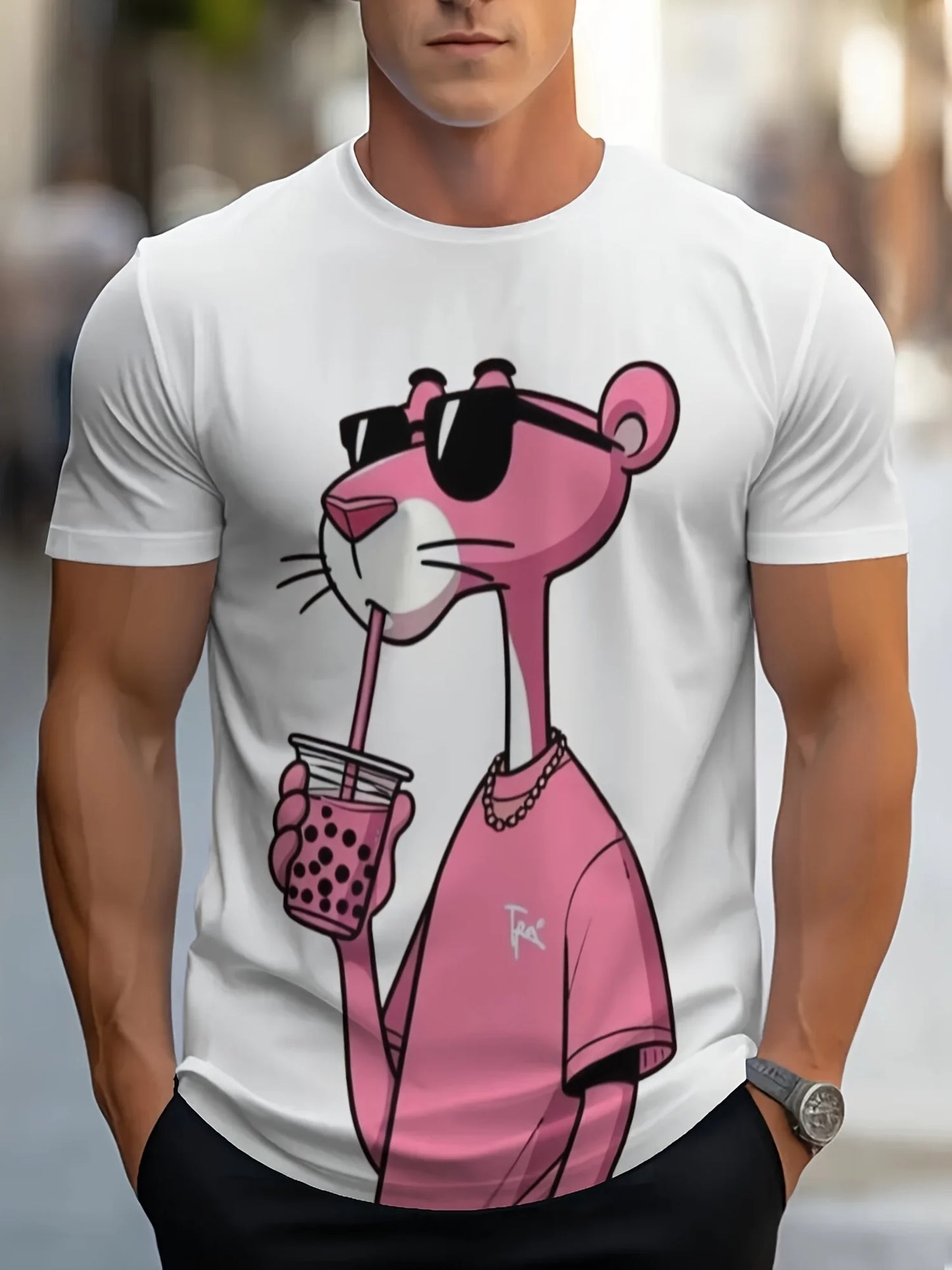 Summer New Mens T-shirts Cartoon Pink Panther Print Short Sleeve O-neck Tees Casual Loose Daily Sports Oversized Unisex Tops