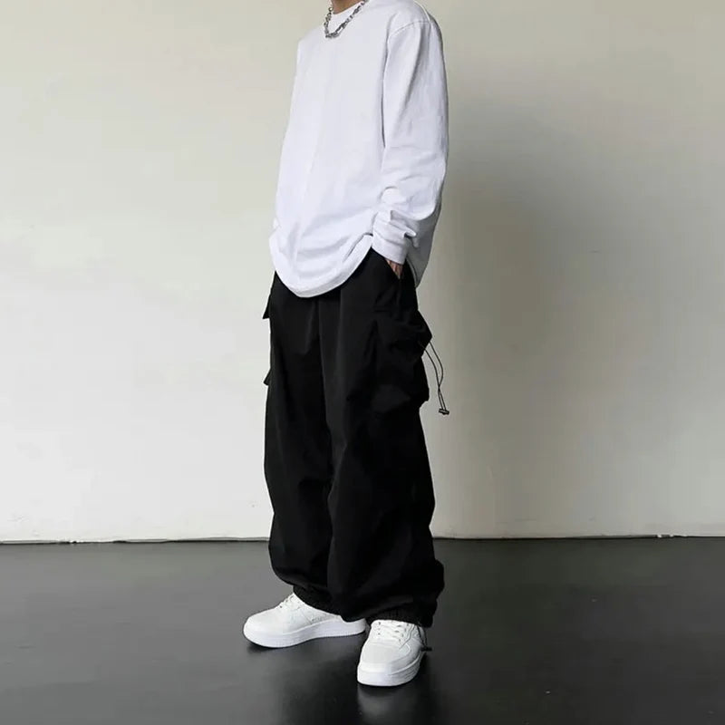 American Style Casual Pants Cargo Trousers High Street Drawstring Workwear Trendy Loose Versatile Straight Wide-Leg Casual Pants