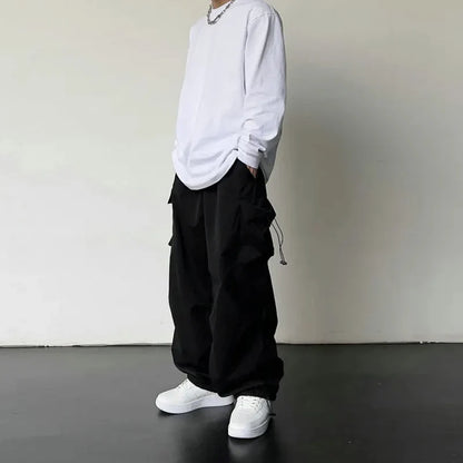 American Style Casual Pants Cargo Trousers High Street Drawstring Workwear Trendy Loose Versatile Straight Wide-Leg Casual Pants