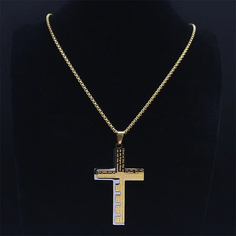 Cross Christian Church Prayer Necklace Men Stainless Steel Gold Color Bible Amulet Necklaces Jewelry colar masculino N2005S02