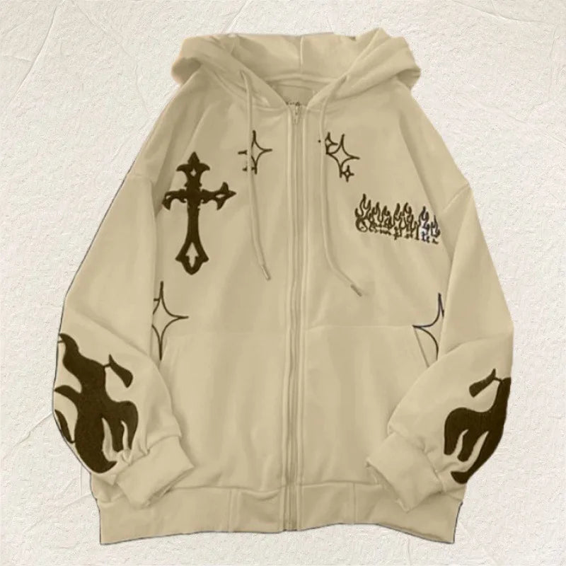 European and American Autumn/Winter Hoodie Embroidered Cross Flame Coat Plush Couple Loose Top Sweater