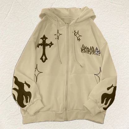 European and American Autumn/Winter Hoodie Embroidered Cross Flame Coat Plush Couple Loose Top Sweater