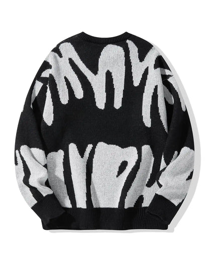 Autumn Winter Irregular Jacquard Pattern Pullover Sweater Casual Round Neck Contrast Color Knitted Pullover