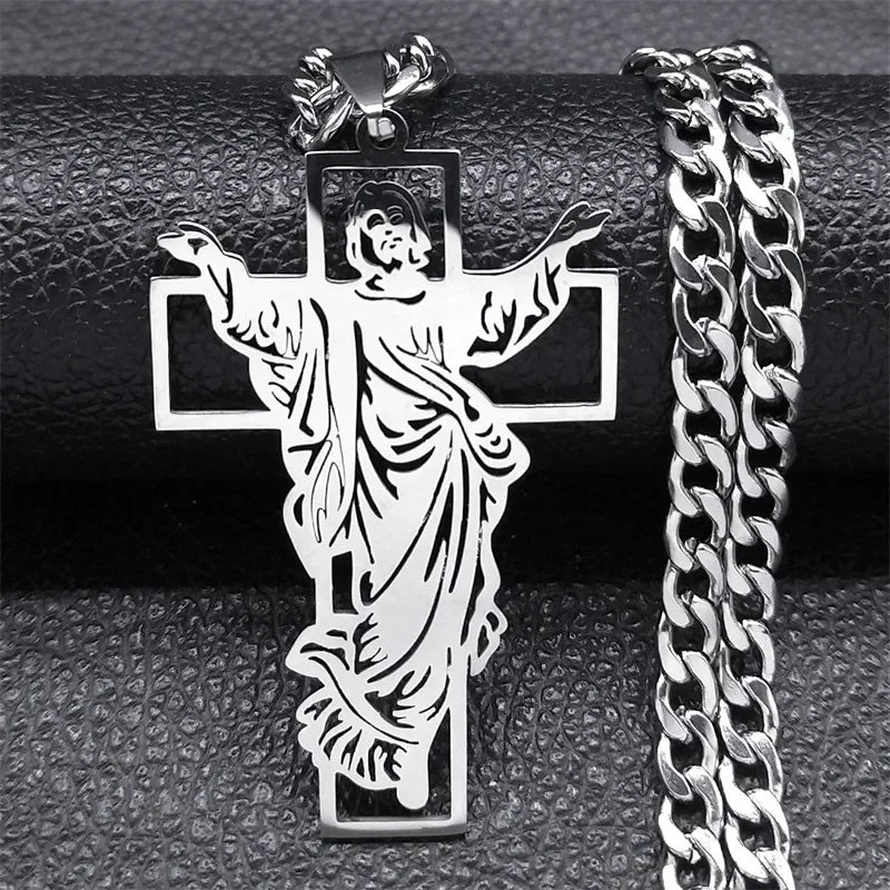 Hip Hop Punk Crown of Thorns Jesus Cross Necklace for Men Stainless Steel Gold Plated Crucifix Pendant Necklaces Jewelry N8052