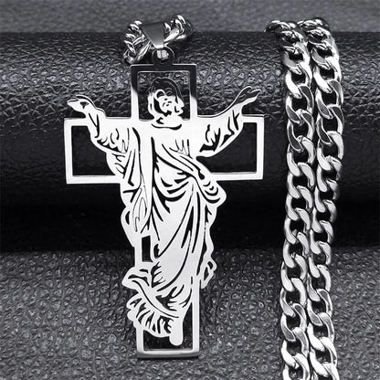 Hip Hop Punk Crown of Thorns Jesus Cross Necklace for Men Stainless Steel Gold Plated Crucifix Pendant Necklaces Jewelry N8052
