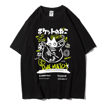 Men Women Cartoon T-Shirts Summer Harajuku Kawaii Cat Printed Short Sleeve Tees Couple Streetwear Loose Clothes Y2K Tops