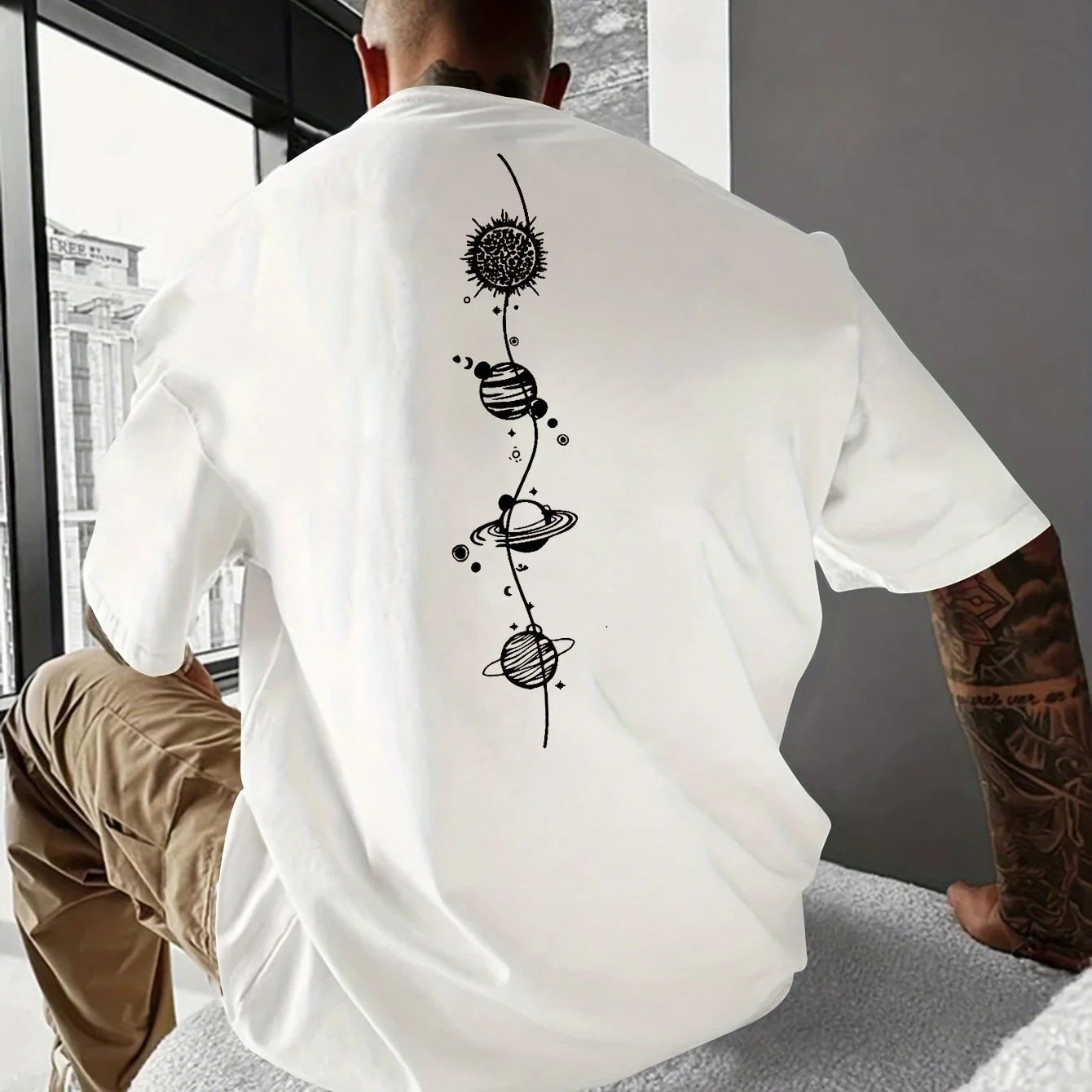 Men's 100% pure cotton summer loose size Planet Graphic Design print casual comfortable round neck short sleeved T-shirt top