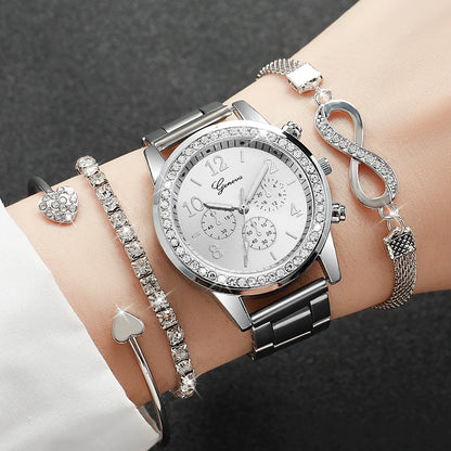 4PCS/Set Fashion Rhinestone Women Watches Luxury Steel Band Ladies Quartz Watch Bracelets Set Reloj Mujer（Without Box）
