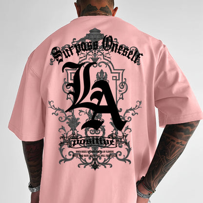 Men's summer 100 pure cotton fashionable casual sports loose back large LA letter printed round neck short sleeved T-shirt top