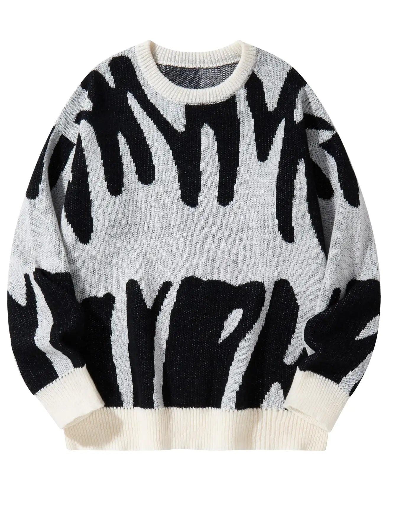 Autumn Winter Irregular Jacquard Pattern Pullover Sweater Casual Round Neck Contrast Color Knitted Pullover
