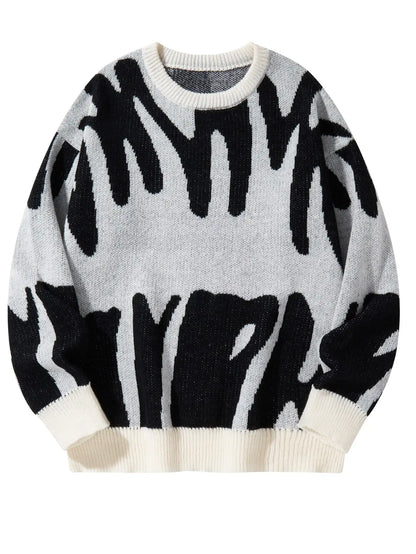 Autumn Winter Irregular Jacquard Pattern Pullover Sweater Casual Round Neck Contrast Color Knitted Pullover