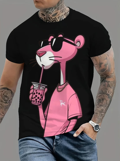 Summer New Mens T-shirts Cartoon Pink Panther Print Short Sleeve O-neck Tees Casual Loose Daily Sports Oversized Unisex Tops