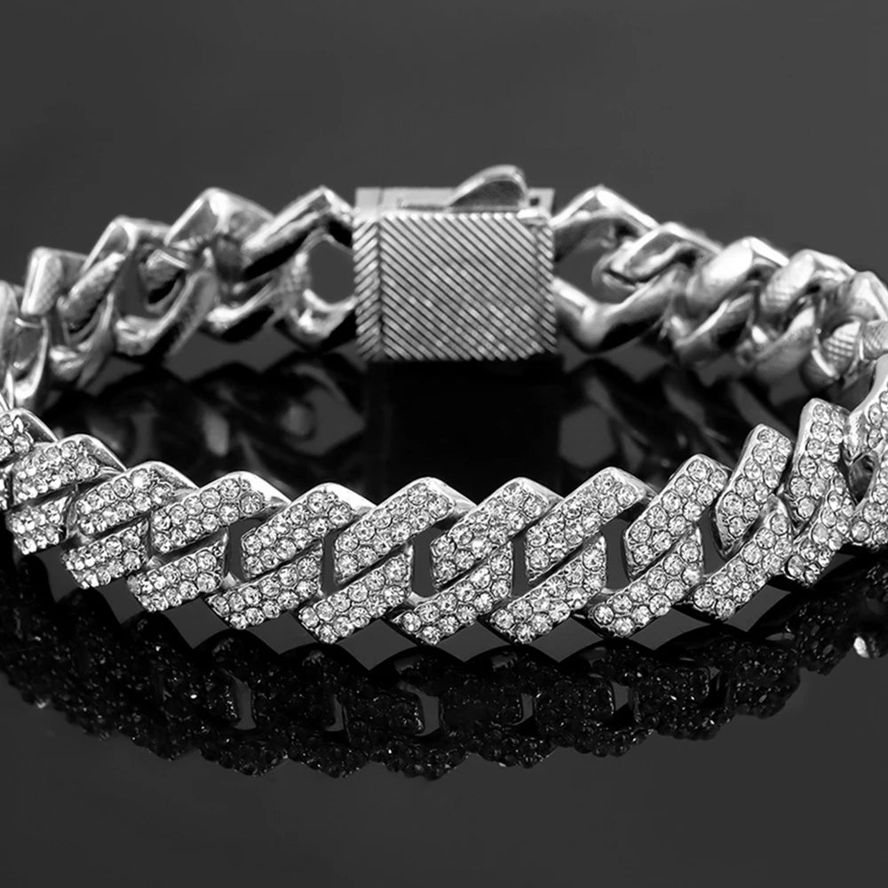 7/8/9inch 14MM Cuban Link Chain Bracelets Women Men Rhinestone Paved Prong Cuban Chain Bracelet Wristband Hip Hop Jewelry