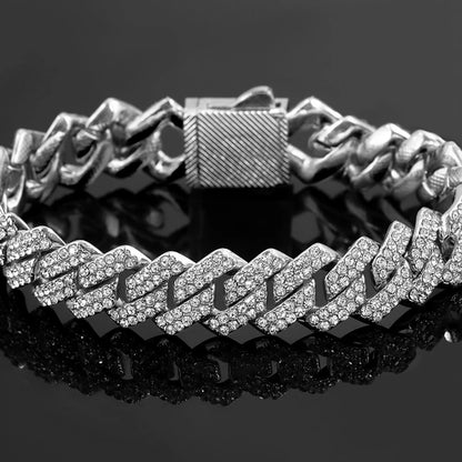 7/8/9inch 14MM Cuban Link Chain Bracelets Women Men Rhinestone Paved Prong Cuban Chain Bracelet Wristband Hip Hop Jewelry