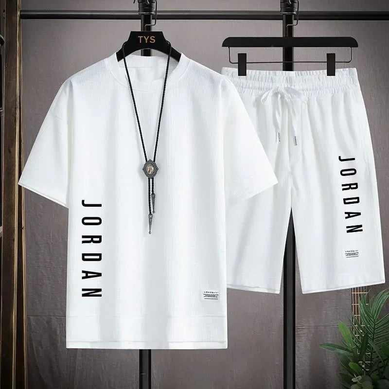Men's Summer Waffle Set Brand Fashion Casual T-shirt+Shorts Set Men's Sports Set Loose ComfortableSlow RunningQuick Dr